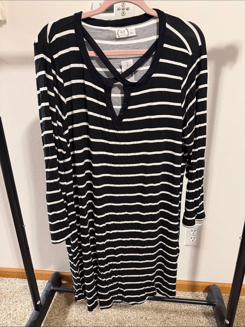 NWT Maurices 1X Black & White Striped Long Sleeve Dress with Crisscross Neck